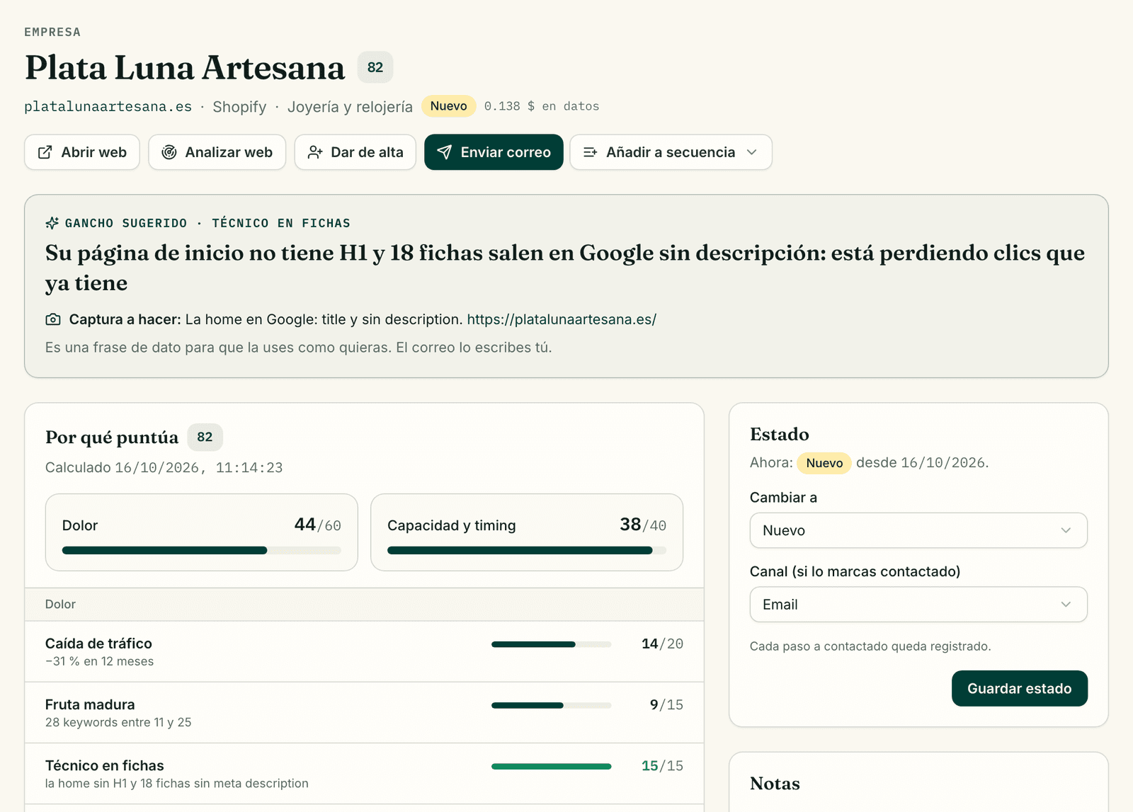 Ficha de empresa en Escarba con puntuación, gancho sugerido y estado